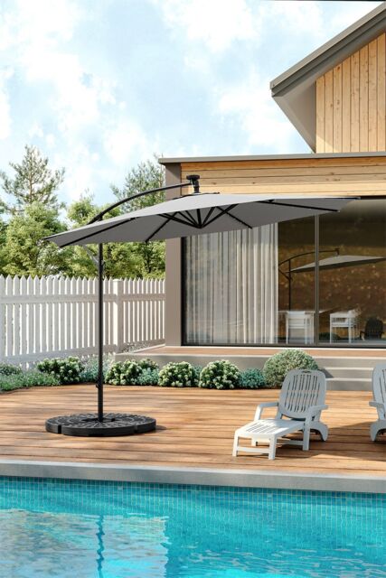 Living and Home Outdoor 32 LED Lighted Patio Umbrella with Crank Lift System, Cross Base & Fillable Base in Light Grey - image 1
