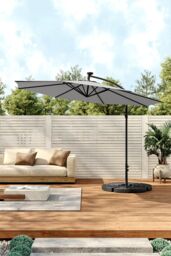 Living and Home Outdoor 32 LED Lighted Patio Umbrella with Crank Lift System, Cross Base & Fillable Base in Light Grey - thumbnail 2