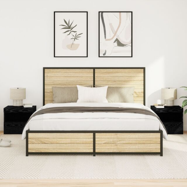 Berkfield Home Bedside Cabinets with LED Lights 2 pcs Black Oak 50x40x45 cm - Size: 50 x 40 x 45 cm - image 1