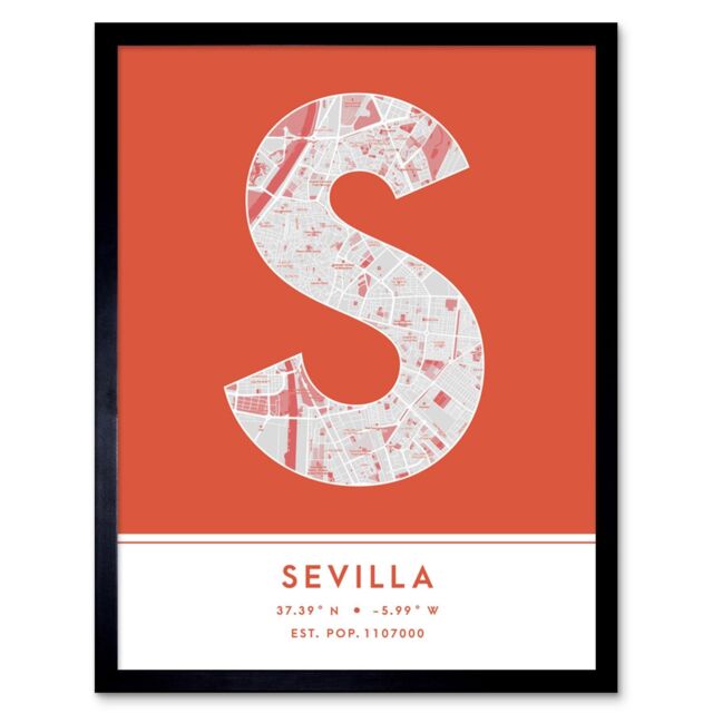 "Wee Blue Coo Wall Art Print Seville Spain City Map Modern Typography Stylish Letter Framed Word in Orange - Size: W12"" x H16""" - image 1