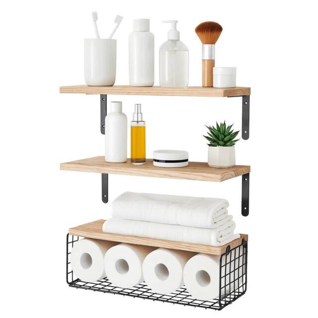 Harbour Housewares Rustic Wooden Shelves with Wire Storage Basket - Set of 3 Display Unit in Brown - image 1