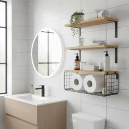 Harbour Housewares Rustic Wooden Shelves with Wire Storage Basket - Set of 3 Display Unit in Brown - thumbnail 3