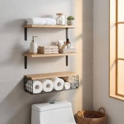 Harbour Housewares Rustic Wooden Shelves with Wire Storage Basket - Set of 3 Display Unit in Brown - thumbnail 2