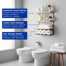 Harbour Housewares Rustic Wooden Shelves with Wire Storage Basket - Set of 3 Display Unit in Brown - thumbnail 4