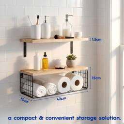 Harbour Housewares Rustic Wooden Shelves with Wire Storage Basket - Set of 3 Display Unit in Brown - thumbnail 6