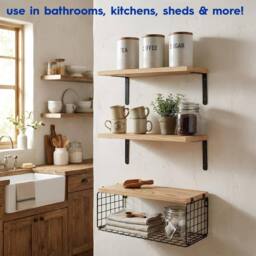Harbour Housewares Rustic Wooden Shelves with Wire Storage Basket - Set of 3 Display Unit in Brown - thumbnail 7