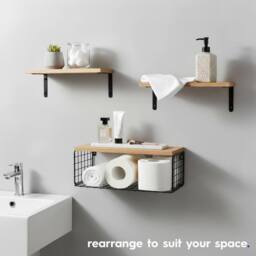 Harbour Housewares Rustic Wooden Shelves with Wire Storage Basket - Set of 3 Display Unit in Brown - thumbnail 5