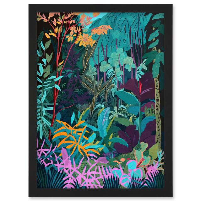 Artery8 Tropical Jungle Forest Vibrant Colour Illustration Artwork Framed Wall Art Print A4 in Black - image 1