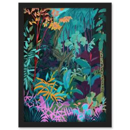 Artery8 Tropical Jungle Forest Vibrant Colour Illustration Artwork Framed Wall Art Print A4 in Black - thumbnail 1