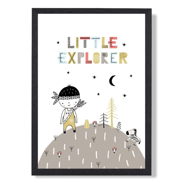 ARTZE Cute Little Boy Explorer Scandi Quote Framed Print SIZE: A2 with Black Frame in Pale Blue - image 1