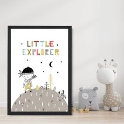 ARTZE Cute Little Boy Explorer Scandi Quote Framed Print SIZE: A2 with Black Frame in Pale Blue - thumbnail 2