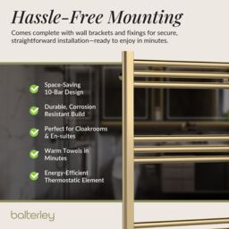 Balterley Round Tube Towel Rail with 10 Bars, 800 x 500mm - Brushed Brass in Metallics - thumbnail 4
