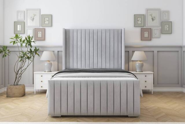 "Sloomy Marlborough Naples Frame-Mattress-50"" Upholstered Wingback Headboard in Silver - Size: Double" - image 1