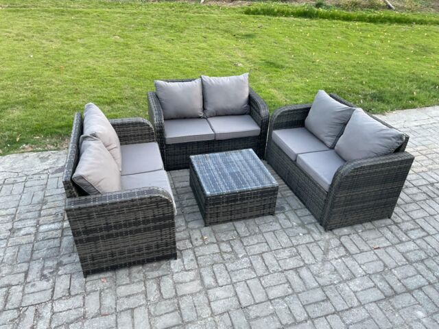 Fimous Outdoor Garden Furniture Sets 6 Seater Wicker Rattan Furniture Sofa Sets with Square Coffee Table Love seat Sofa in Dark Grey - image 1