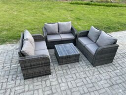 Fimous Outdoor Garden Furniture Sets 6 Seater Wicker Rattan Furniture Sofa Sets with Square Coffee Table Love seat Sofa in Dark Grey - thumbnail 1