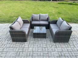 Fimous Outdoor Garden Furniture Sets 6 Seater Wicker Rattan Furniture Sofa Sets with Square Coffee Table Love seat Sofa in Dark Grey - thumbnail 2