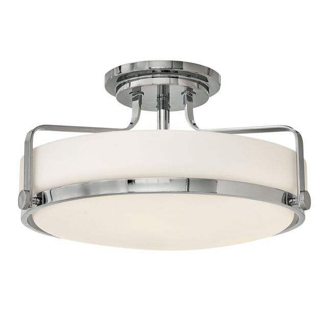 Loops 3 Bulb Semi Flush Light Opal Glass Metal Ring Polished Chrome LED E27 60W in Clear