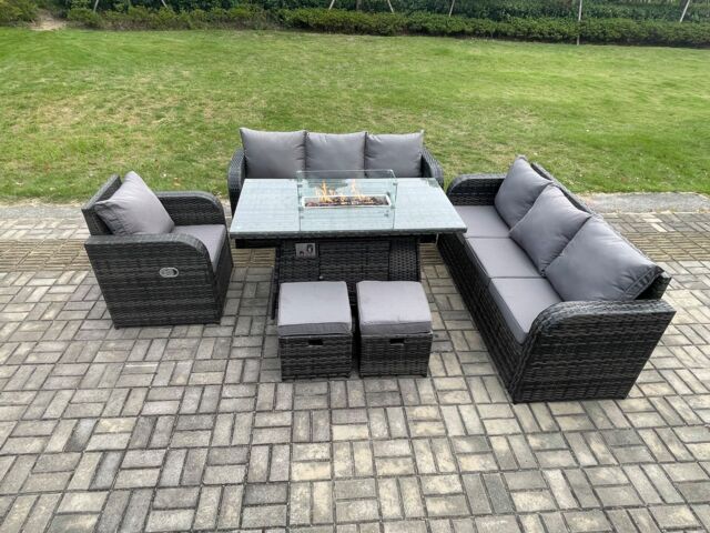Fimous 9 Seater Wicker Rattan Garden Furniture Set Gas Fire Pit Dining Table Reclining Chair 3 Seater Sofa Set Indoor Outdoor with 2 Footstools - image 1