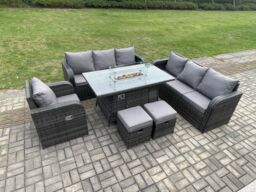 Fimous 9 Seater Wicker Rattan Garden Furniture Set Gas Fire Pit Dining Table Reclining Chair 3 Seater Sofa Set Indoor Outdoor with 2 Footstools - thumbnail 3