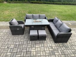 Fimous 9 Seater Wicker Rattan Garden Furniture Set Gas Fire Pit Dining Table Reclining Chair 3 Seater Sofa Set Indoor Outdoor with 2 Footstools - thumbnail 1