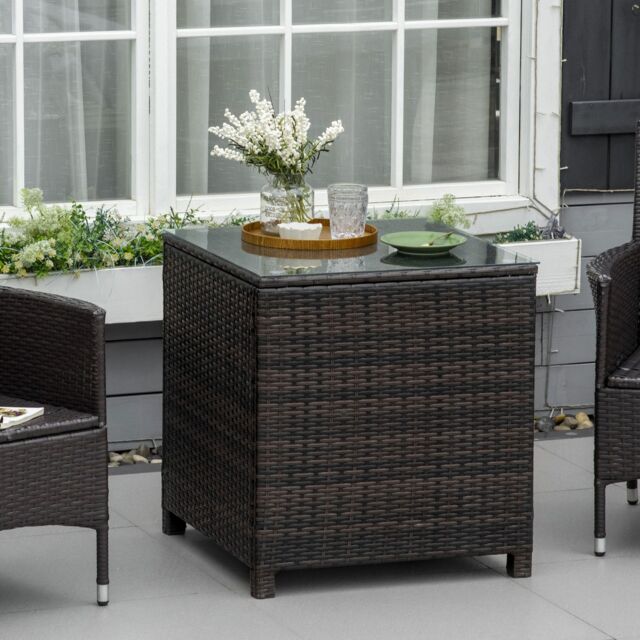 OUTSUNNY Side Table Furniture Tempered Glass Garden Patio Wicker in Brown - image 1