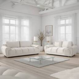 Furnishings For Less UK Zura Cream Fabric Large 3 + 2 Sofa Suite Pillow Back Wooden Legs