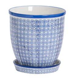 Nicola Spring Hand-Printed Plant Pot with Saucer - 20.5cm in Navy