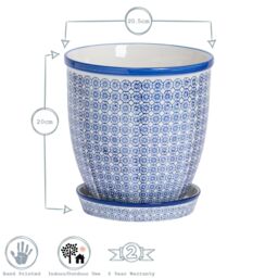 Nicola Spring Hand-Printed Plant Pot with Saucer - 20.5cm in Navy - thumbnail 3