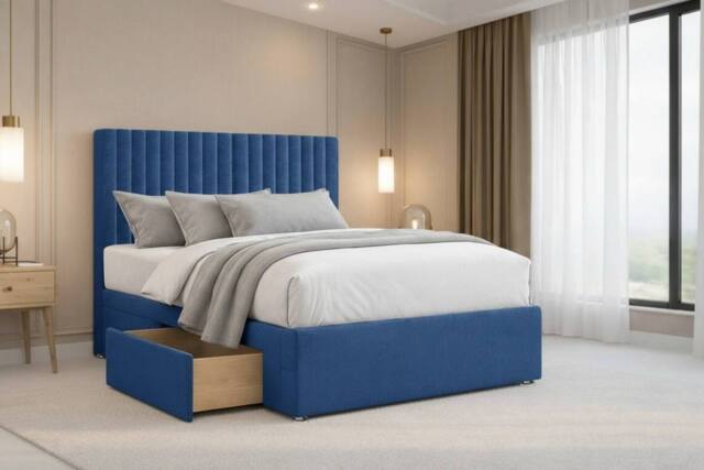 "Nexus Mattresses Ltd Amalfi Plush Divan Bed Base 2 Drawers Same Side - 26"" Headboard in Blue - Size: Small Double" - image 1