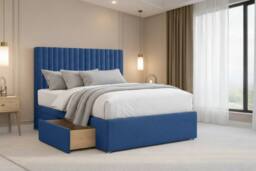 "Nexus Mattresses Ltd Amalfi Plush Divan Bed Base 2 Drawers Same Side - 26"" Headboard in Blue - Size: Small Double" - thumbnail 1