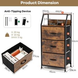 Costway 3 Drawer Organizer Unit Freestanding Cabinet Dresser with 3 Removable Drawers in Dark Brown - thumbnail 2