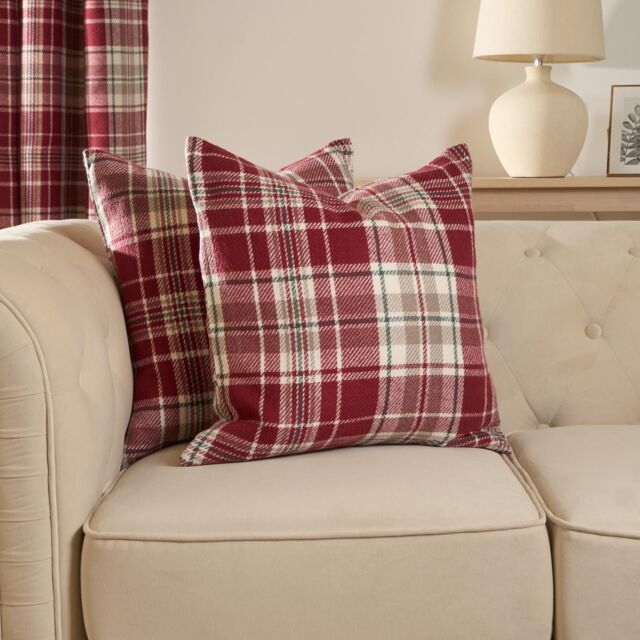 "OHS Woven Check Cushion Covers Tartan Pack of 2 Case Pad Set 18"" x 18"" Home in Red - Size: 45 cm x 45 cm" - image 1