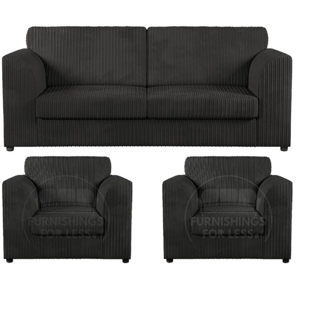 Furnishings For Less UK Luxor Jumbo Cord 3 + 1 + 1 Fabric 3 Piece Sofa Suite - Fullback in Black - image 1