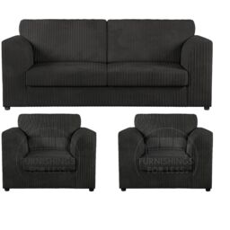Furnishings For Less UK Luxor Jumbo Cord 3 + 1 + 1 Fabric 3 Piece Sofa Suite - Fullback in Black