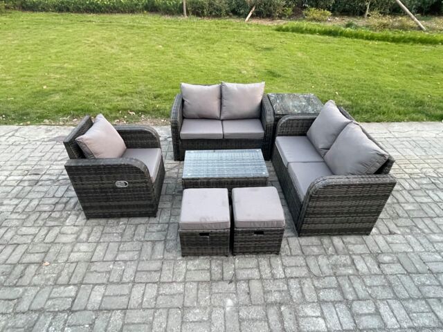 Fimous High Back Rattan Garden Furniture Set w/ Loveseat Sofa Rectangular Coffee Table Side Table 2 Small Footstools Indoor Outdoor Patio Lounge Sofa - image 1