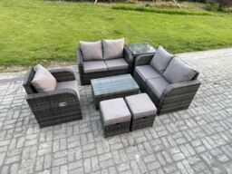 Fimous High Back Rattan Garden Furniture Set w/ Loveseat Sofa Rectangular Coffee Table Side Table 2 Small Footstools Indoor Outdoor Patio Lounge Sofa - thumbnail 2