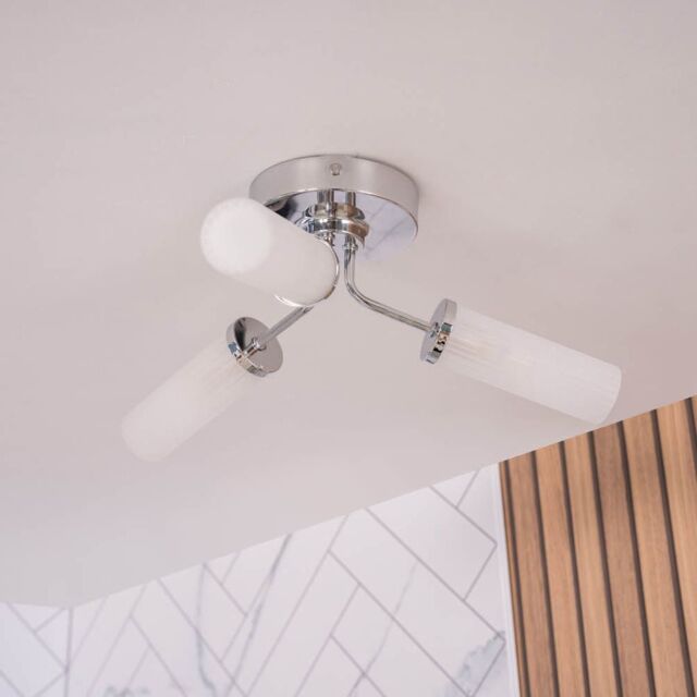 ValueLights Canya 3 Way IP44 Rated Bathroom Frosted Reeded Glass Flush Ceiling Light in Silver