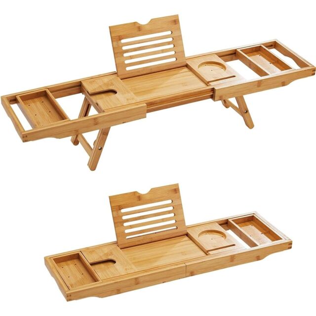 MANTRARAJ Extendable Bamboo Bath Caddy Tray Board Tablet Wine Phone Holder Bath Tub Tray Breakfast Tray in Brown - image 1