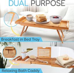 MANTRARAJ Extendable Bamboo Bath Caddy Tray Board Tablet Wine Phone Holder Bath Tub Tray Breakfast Tray in Brown - thumbnail 5