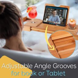 MANTRARAJ Extendable Bamboo Bath Caddy Tray Board Tablet Wine Phone Holder Bath Tub Tray Breakfast Tray in Brown - thumbnail 4
