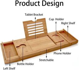 MANTRARAJ Extendable Bamboo Bath Caddy Tray Board Tablet Wine Phone Holder Bath Tub Tray Breakfast Tray in Brown - thumbnail 6