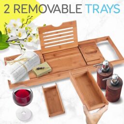 MANTRARAJ Extendable Bamboo Bath Caddy Tray Board Tablet Wine Phone Holder Bath Tub Tray Breakfast Tray in Brown - thumbnail 2