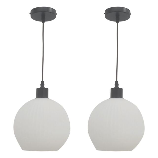 First Choice Lighting Set of 2 Betchley - White Ribbed Glass Globe with Black Pendants - image 1