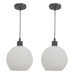 First Choice Lighting Set of 2 Betchley - White Ribbed Glass Globe with Black Pendants - thumbnail 1