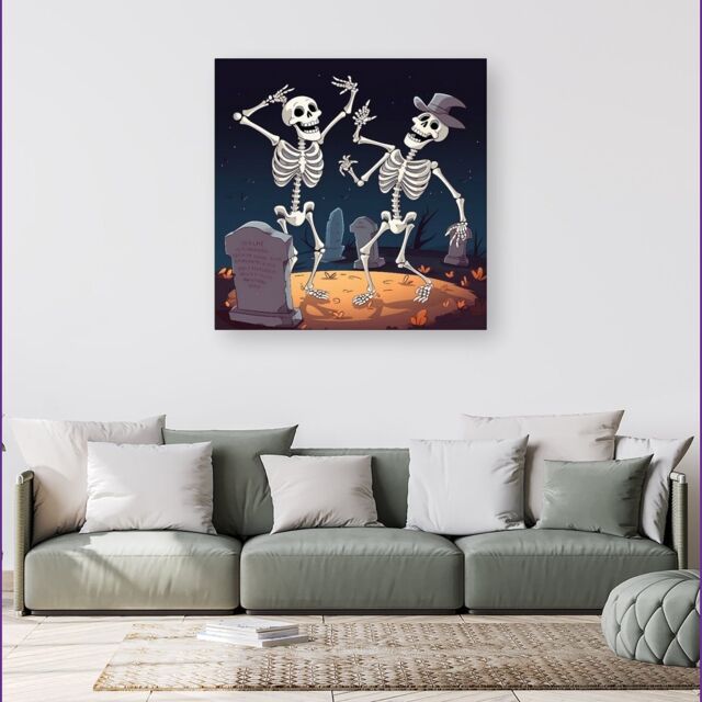 Warren Reed - Designer Skeletons Dancing Canvas in Black - Size: w40 inch x h40 inch - image 1