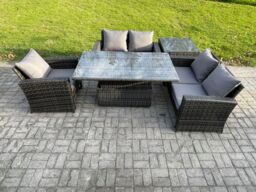 Fimous 5pcs Rattan Outdoor Garden Furniture Set Height Adjustable Rising Lifting Table Sofa Dining Set with Side Table Dark Grey Mixed - thumbnail 2