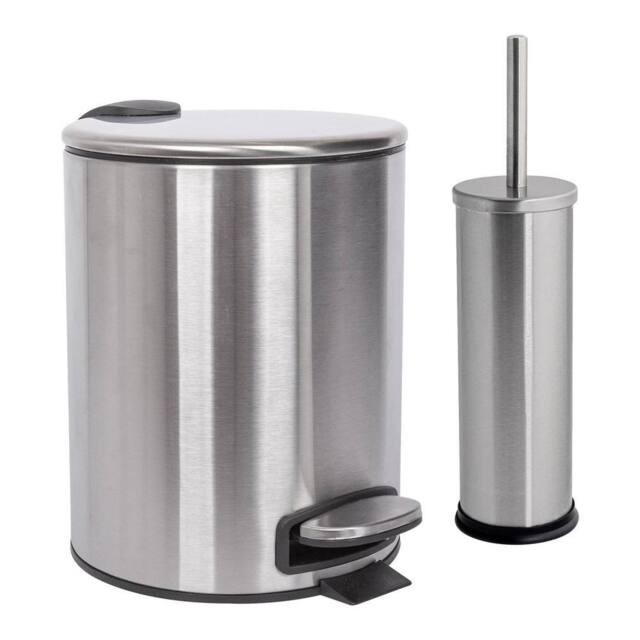 Harbour Housewares 5L Round Bathroom Bin & Brush Set - Slim Stainless Steel Bathroom Set in Metallic Silver - image 1