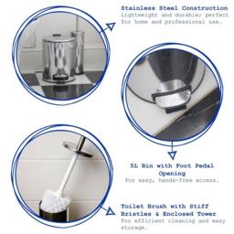 Harbour Housewares 5L Round Bathroom Bin & Brush Set - Slim Stainless Steel Bathroom Set in Metallic Silver - thumbnail 2