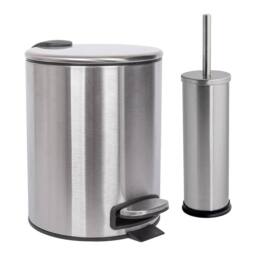 Harbour Housewares 5L Round Bathroom Bin & Brush Set - Slim Stainless Steel Bathroom Set in Metallic Silver