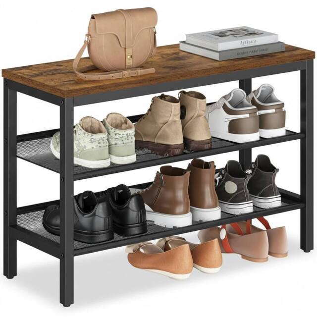 FORGEVIO 3 Tier Shoe Rack Bench, One Piece 75W cm, Vintage Brown - image 1